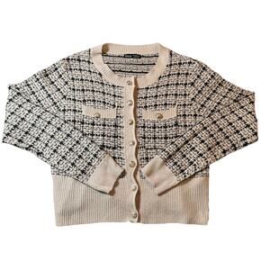 Shein Tweed Style Cardigan Cream Black Gold Buttons Womens L
